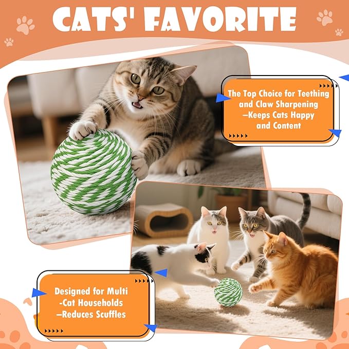 3.94 inch Sisal Cat Ball Toy, Interactive Natural Cat Scratching Ball, Perfect Scratcher for Cats' Exercise and Fun (White and Green Stripes)