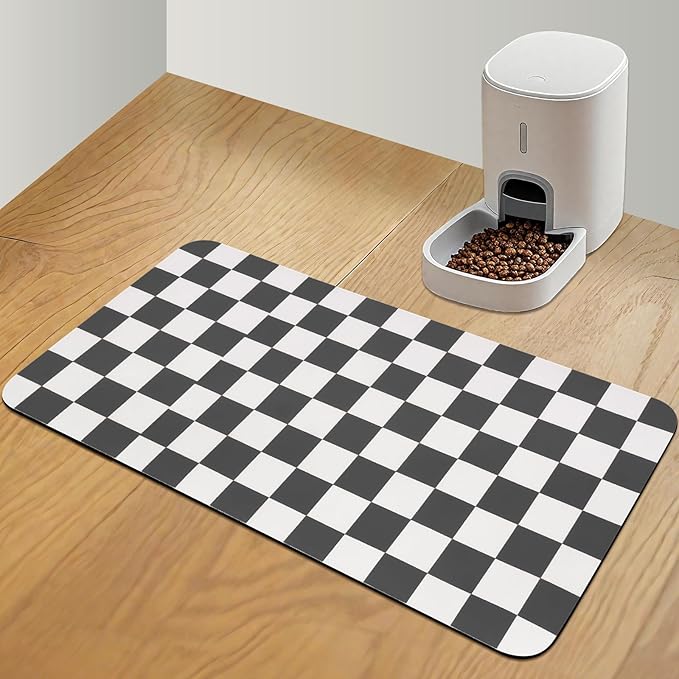CooRug Checkered Dog Food Mat, Absorbent Leak-Proof Pet Feeding Mat, Quick Dry Cat Food Mat for Messy Drinkers 17" x 32" Black