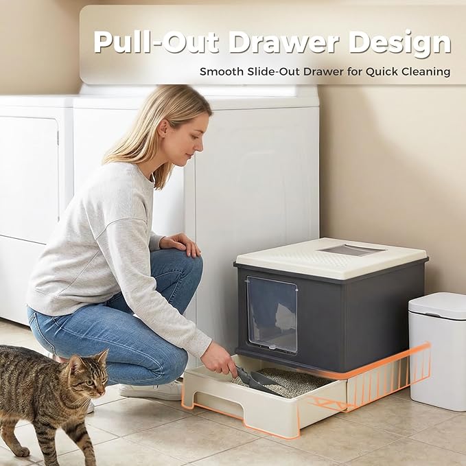 PAWZ Road Large Cat Litter Box, Dual Entry Litter Box with Lid, Fully Enclosed Drawer Type Cat Litter Box for Large Cats,Dark Gray