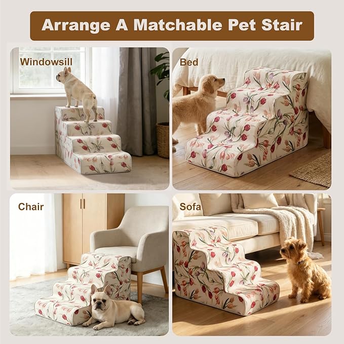 4-Step Dog Stairs for Bed & Couch 18" H, Extra Long Dog Steps for Bed with 30D Foam, Country Style Pet Stairs for Small Dogs and Older Cats, Beige