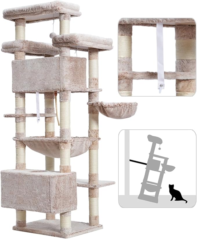 Gitelsnour Cat Tree for Indoor Cats Large Adult, 74" Cat Tower with 3 Big Platforms, 2 Baskets, 2 Condos, Multi-Level Cat Scratching Posts, Muchroom GCT030MU