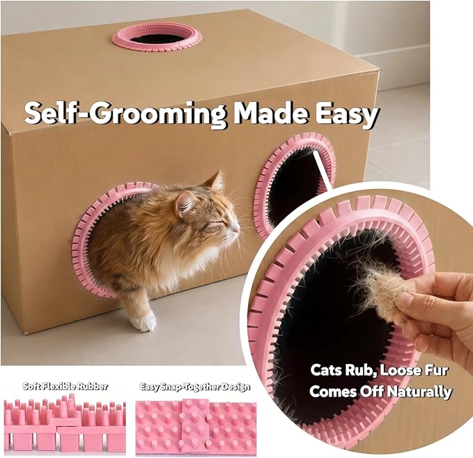 Cat Self Groomer Arch for Cardboard Boxes, DIY Cat Tunnel Brush & Massage Comb for Indoor Cats, Interactive Self Grooming Toy for Cat Cave, Hideouts & Enrichment Play (Blush Pink)