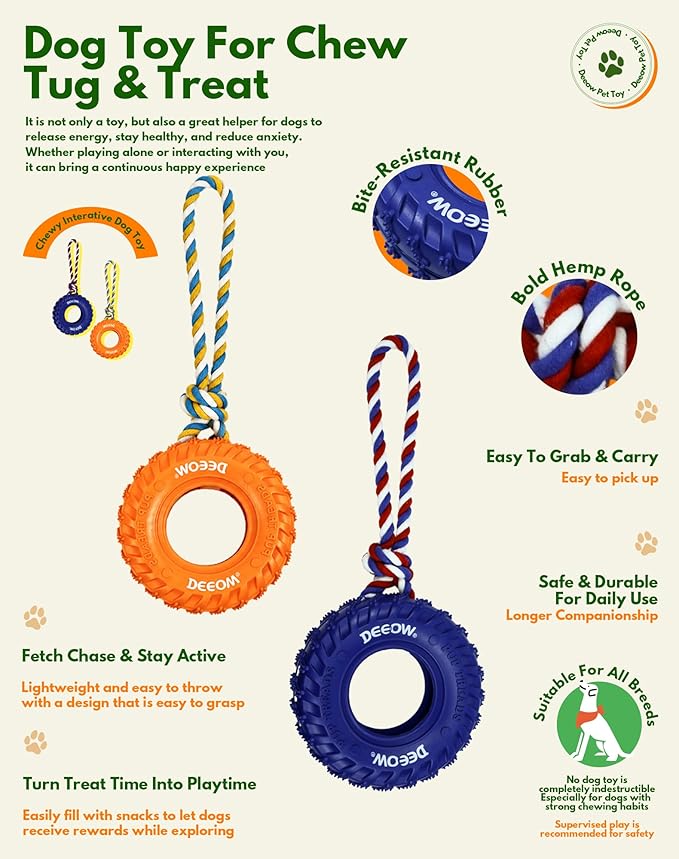 Deeow Dog Tire Toy-2026 Upgraded, Treat Dispensing Chew Toy for Teething Clean & Dental Care, Natural Rubber Enrichment Dog Toys for Boredom Relieve, Interactive Tug-of-War Slow Feeder Pet Toys-Blue