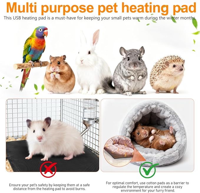 USB Heating Pad for Small Pets Reptile Heat Mat with Temp 5.5 Inch Thermal Insulation Mat for Hamsters Squirrels Rabbits Birds, Adjustable Terrarium Warm Cushion