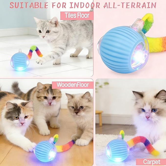 Rechargeable Smart Rolling Cat Ball, Automatic Interactive Cat Toy with 3 Modes, LED Light & 3 Replaceable Accessories, Indoor Cat Exercise Toy for Kittens & Adult Cats, for Boredom Relief red+red