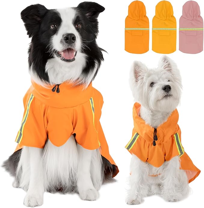 Dog Raincoat, Waterproof Windproof Dog Rain Jacket Adjustable, Rain Coat with Leash Hole, Reflective Strap Raincoat Poncho for Small Medium Large Dogs Outdoor (Reflection-Orange, M)