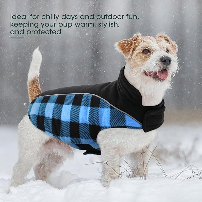 Kuoser Dog Winter Coat, Reversible Waterproof Dog Jacket with Reflective Strip, Warm Dogs Fleece Vest Adjustable Doggy Cold Weather Clothes Plaid Christmas Outfit Pet Apparel for Large Dogs, Blue L