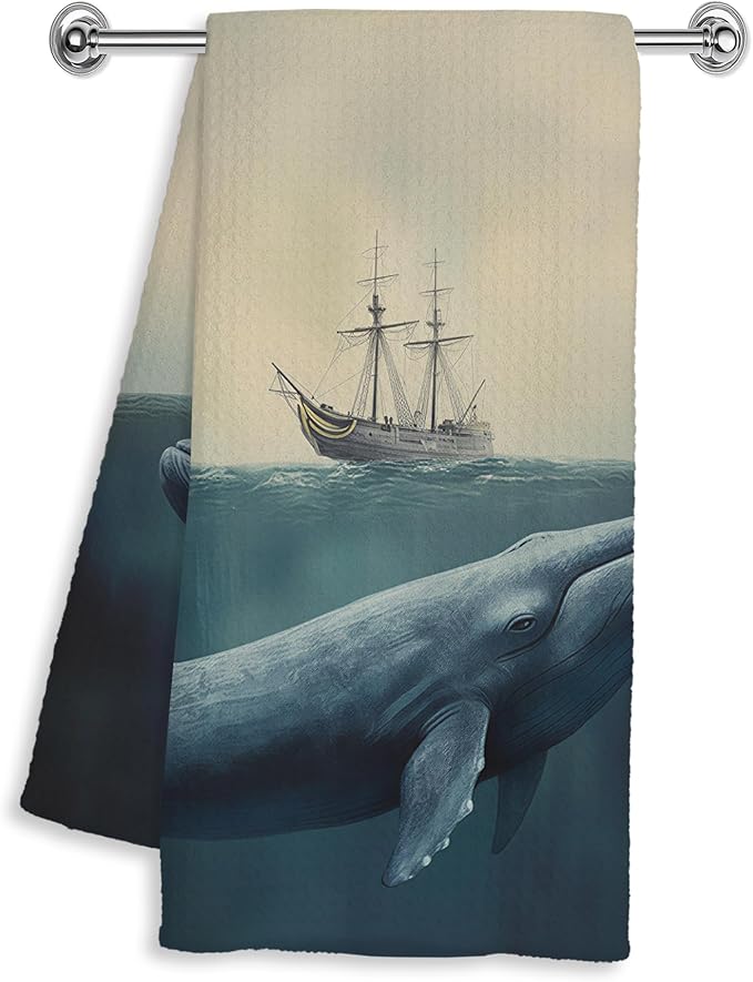Vintage Nautical Hand Dish Tea Towels for Kitchen Bathroom Decor 16x24 Inches, Whale Lover Gifts, Coastal Ocean Blue Whale Sailing Kitchen Towels Decorative