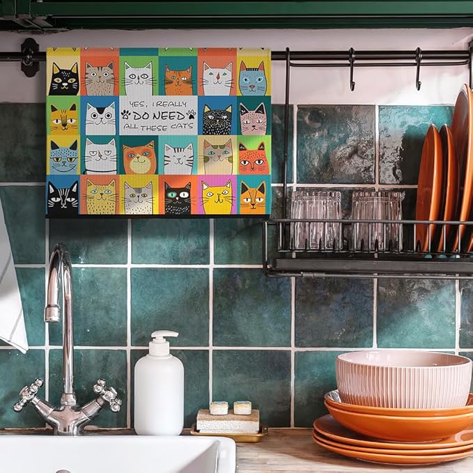 Cat Kitchen Towels - Quick-Dry Grid of Adorable Feline Cubby Art with Proud Collection Declaration, Decorative Dish Towel for Cat Lady Essentials & Whimsical Pet Mom Gifts | Humorous Hand Cloth
