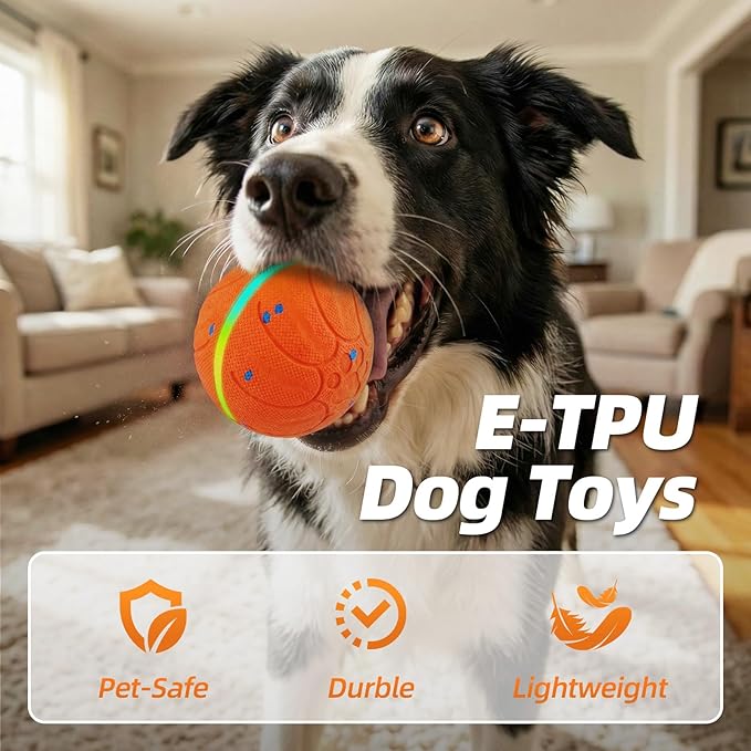 3.5 Inch Interactive Dog Toys, Automatic Moving Balls for Dogs, 3-Modes with Colorful Lights , Durable E-TPU Material, Active Self Rolling, Bouncing, and Rotating Dog Toy to Keep Them Busy, Orange