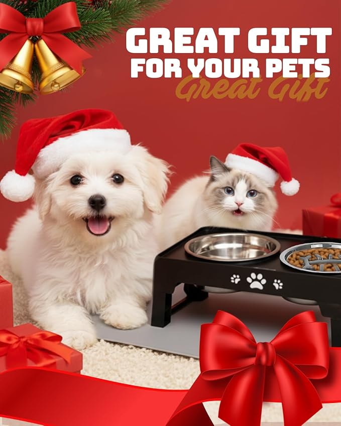 Jovrun Elevated Dog Bowls for Small Dogs and Cats with Mat, Non-Slip Cat Bowls with 1*Stainless Steel Dishes & 1*Slow Feeder Bowl, Dog Feeder 2 Heights Adjustable to 2.6"-5.3"