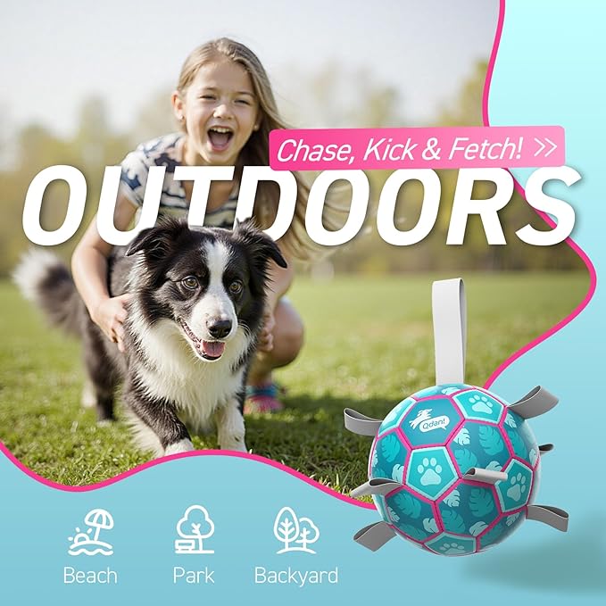 QDAN Dog Toys Soccer Ball, Tug of War Toy, Puppy Birthday Gifts, Water Toy, Durable Dog Balls for Medium Large Dogs, Lake Blue(8 inch)