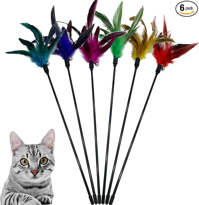 Cat Wand Toy Feather Stick Cat Toys, 6 Pieces Interactive Cat Toy Feathers Wand for Indoor Cats (A)