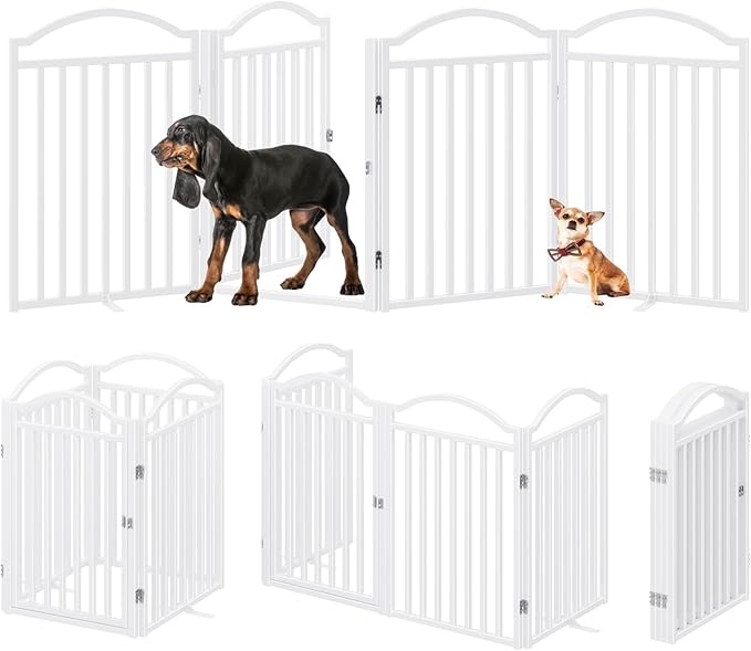 BHG Metal No-Assembly Freestanding Dog Gate with Door Walk Through, Extra Wide 80", Extra Tall 30" Pet Gate, Accordion Puppy Folding Playpen Dog Fence for Indoor & Outdoor, with 2PCS Support