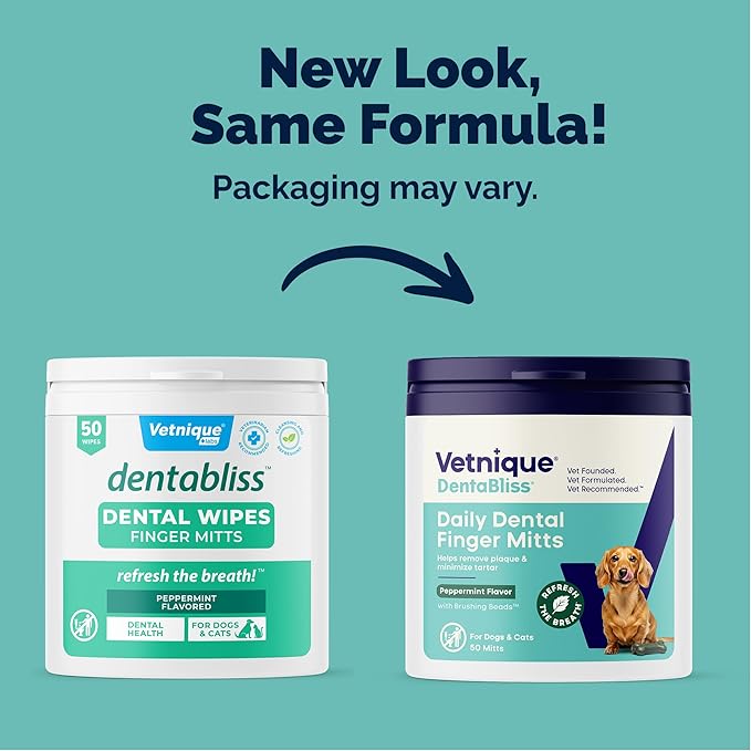 Vetnique Dentabliss Cat & Dog Teeth Cleaning Dental Wipes, Dog Toothbrush Alternative Finger Mitt Pet Wipes, Tartar & Breath Freshener, Vet Formulated Pet Dental Care, 50ct (Peppermint Flavored)