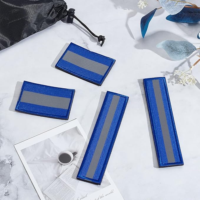 WEBEEDY 4 Pcs 2 Sizes Reflective Safety Patches Blue Hook & Loop Reflective Patches Tactical Military Patch Outdoor Safety Strips for Night Sportsperson Cycling Camping Events Decoration Gear