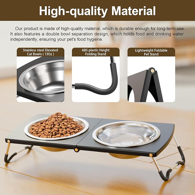 Elevated Cat Bowls with Foldable Stand, Height Adjustable Metal Raised Dog Cat Feeder with 2 Stainless Steel Bowls, Non-Slip Tilted Food Water Bowls for Cats and Small Dogs