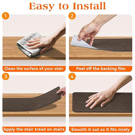 Stair Treads for Wooden Steps 15 PCS - 8’’ x 30’’, Non Slip Stair Runner, Machine Washable Stair Rugs Strips for Kids Pets and Elderly, Indoor Carpet for Stairs (Brown)
