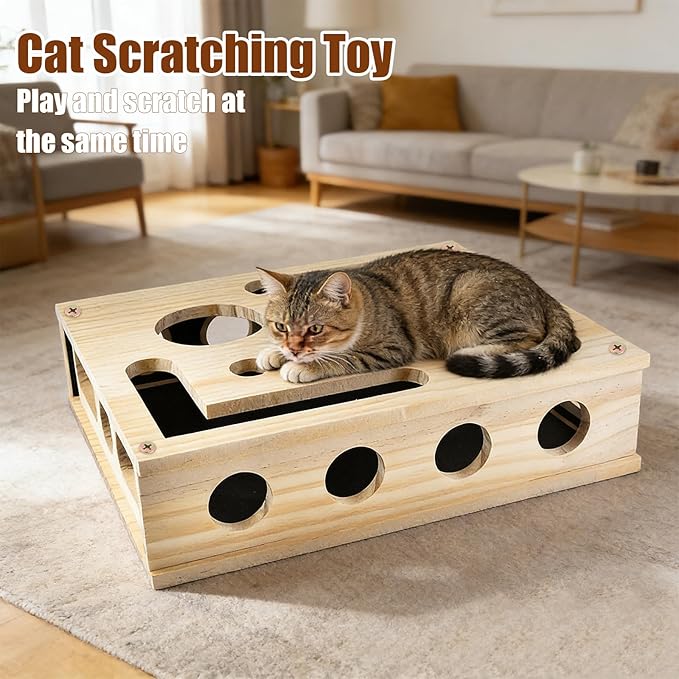 LUMIXA Reinforced Cat Nail File Scratcher Box with 8 Screws, Wooden Enrichment Puzzle Toy for Indoor Cats, Inside Sandpaper Claw Care & Furniture Protection (Assembly Guide Included)