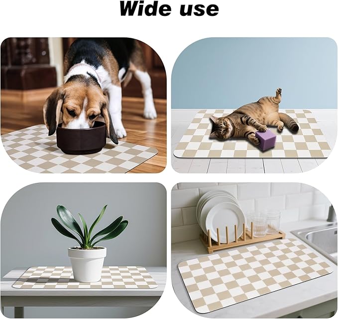 CooRug Checkered Dog Food Mat, Absorbent Leak-Proof Pet Feeding Mat, Quick Dry Cat Food Mat for Messy Drinkers 16" x 24" Khaki