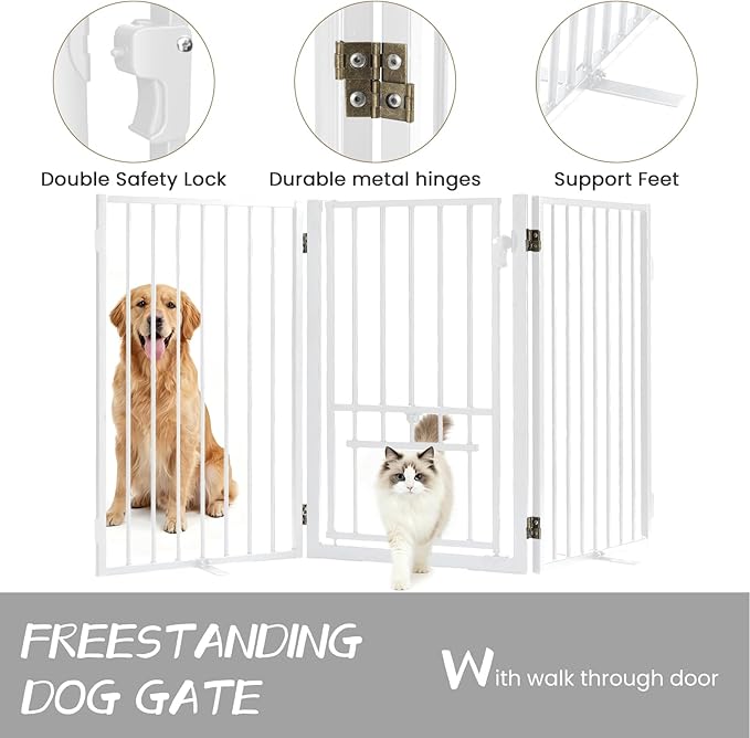 Full Metal Freestanding Dog Gate with Cat Door for Outdoor & Indoor,60" Extra Wide Foldable Pet Fence,30" Tall Free Standing Dog Gate for RV Camping,Stairs,Hallways,Doorways,Deck,Yard (3 Panels,White)