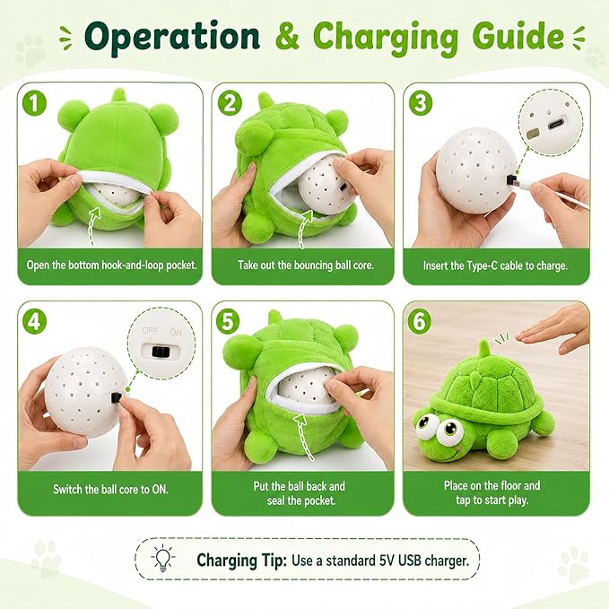Interactive Dog Toys, Moving Turtle Dog Toy with Bouncing Ball & Music, Rechargeable Plush Dog Toy for Small Medium Large Dogs, Automatic Self Play Dog Toy to Keep Dogs Busy for Indoor Outdoor Play