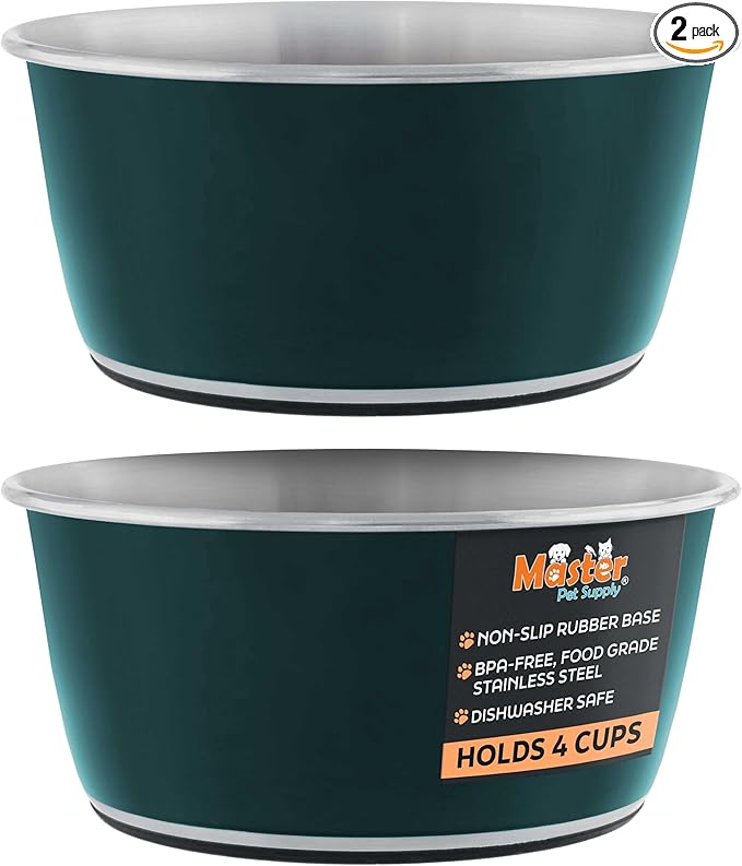 Master Pet Supply Stainless Steel Dog Bowls Set of 2 (32 Oz Each) with Non-Slip Rubber Base - Emerald Sea - Basic Dog Food Bowl Water & Food Bowls for Small Medium Large Dogs & Cats, Metal Dish