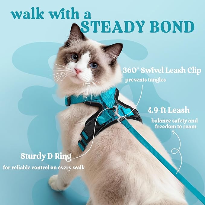 rabbitgoo Cat Harness and Leash Set, Escape Proof Vest Harness for Safe Outdoor Walks, Soft Breathable Adjustable Vest with Reflective Strips for Average to Large Cats, Teal, M