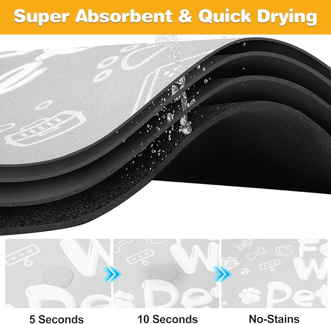 Pet Feeding Mat,Dog Cat Mat for Food and Water,Dog Bowl Waterproof Placemat with Rubber Backing,Absorbent Quick Dry Water Dispenser Mat for Pet（Light Gray 17"×29"）