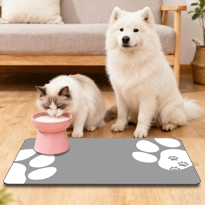 Dog Feeding Mat Top Paw Dog Bowl Mat Grey Footprint Pattern Cute Rectangle Diatomaceous Earth Absorbent Quick Dry Cat Pet Placemat Protect Floors for Food and Water Supplies 20 x 12 Inch