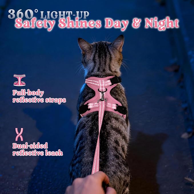 rabbitgoo Cat Harness and Leash, Escape Proof Vest with 3 Adjustable Buckles, Soft Comfortable Kitten Harness, Easy to Wear, Reflective for Safe Outdoor Walking, Medium, Pink