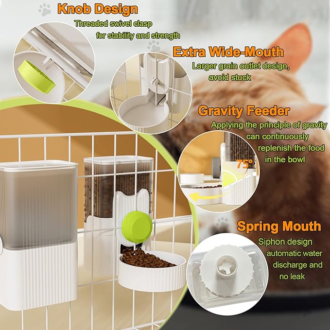 Lemtrflo Rabbit Feeder for Cage,Hanging Automatic Cat Feeder and Water Dispenser,Ferret Cage Accessories,Food Water Bowl for Cats Rabbit Guinea Pig Cages(Cage Grid Spacing Over 1.2'')