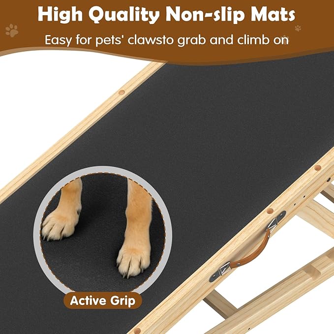 Dog Ramp for Bed and Couch - 55" Extra Long Wooden Pet Ramp with Non-Slip Silicone Surface & Side Rails, 6 Adjustable Heights (19.7"-27.6"), 250 lb Capacity, Safe Mobility for Senior Large Dogs