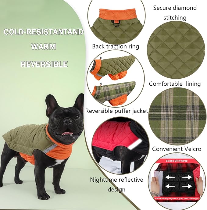 Dog Winter Coat for Large Dogs,Warm Reversible Puffer Jacket Lightweight Pet Vest Snowsuit with D-Ring,Waterproof Dog Cold Weather Coats Small to Large Breed Dogs Clothes,Green,6XL