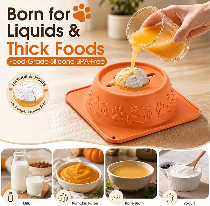 Slow Feeder Dog Bowls, Anti-Slip Dog Lick Bowl with Interactive Rolling Ball, Anxiety Relief Liquid Treat Feeder, Bone Broth Yogurt Licking Toy for Small Medium Large Dogs and Cats(Orange)