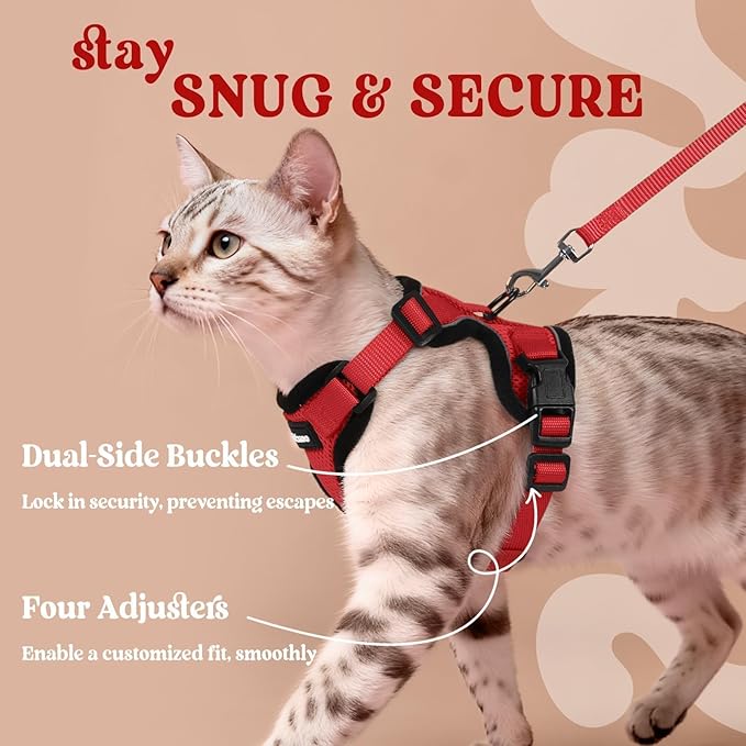 rabbitgoo Cat Harness and Leash Set, Escape Proof Vest Harness for Safe Outdoor Walks, Soft Breathable Adjustable Vest with Reflective Strips for Average to Large Cats, Red, M