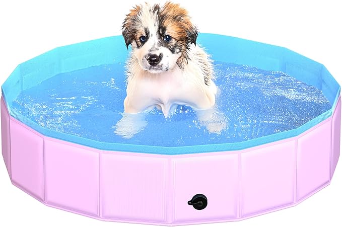 CACSPS 2025 Updated Foldable Dog Pool, 32" x 8" Kiddie Pool with Hard Plastic, Non-Slip Dog Bath Tub for Outdoor Backyard, Collapsible Dog Swimming Pool for Kids Dogs Pets (Pink)