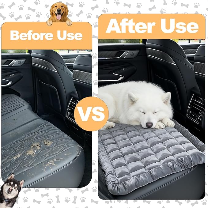 Dog Car Seat Cover for Back Seat, Sliver Gray Flannel Pet Bed Mat, Non-Slip Waterproof Bottom, Washable Dog Bed & Seat Protector for Cars SUVs Trucks, Fits Backseat Extenders