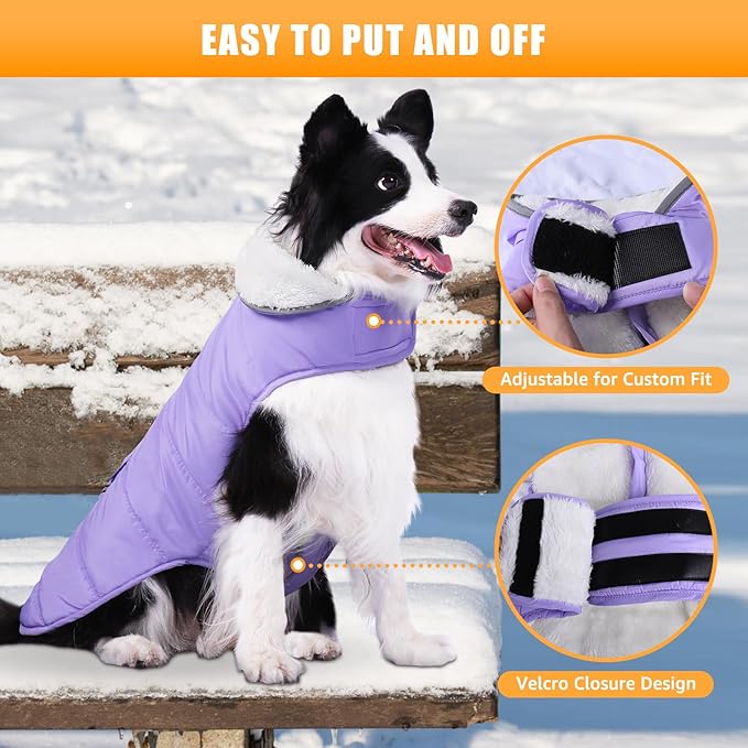 Dog Winter Coat for 2X- Large Dogs, Easy on XXL Dog Fleece Jacket Velcro Waterproof Pet Puffer Clothes with Harness Hole Adjustable Reflective Quilted Pet Cold Weather Vest for Girl Female