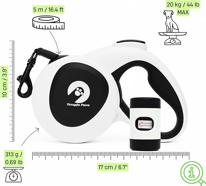 Snuggle Paws Retractable Dog Leash 16ft – Heavy Duty All-in-One Dog Leash with LED Flashlight, Poop Bag Holder, Chew Proof Steel Cable & Reflective Tape – Size S
