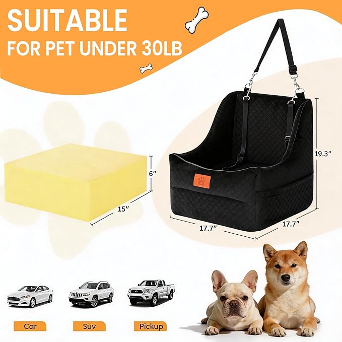Dog Booster Car Seat for Small to Medium Dogs Up to 35 lbs, Elevated Pet Car Seat with 2 Safety Belts, Detachable Washable Cover, Non-Slip Stable Base, Front/Back Seat Travel Booster