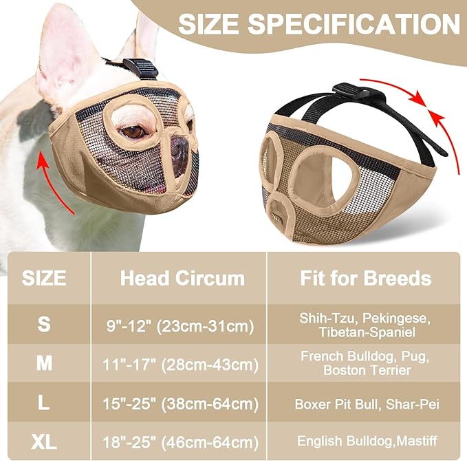 Short Snout Dog Muzzles- Adjustable Breathable Mesh Bulldog Muzzle for Biting Chewing Licking Training Grooming Dog Mask (Khaki, Small/9"-12")
