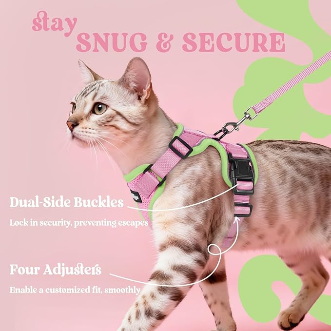 rabbitgoo Cat Harness and Leash Set, Escape Proof Kitten Harness for Safe Outdoor Walks, Soft Breathable Adjustable Vest with Reflective Strips for Kittens and Extra Small Cat, Pink & Light Green, XXS