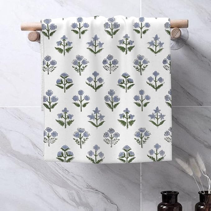 Blue Sage Green Floral Kitchen Towels Vintage Block Print Dish Towel 16×24 Inch Soft Absorbent Spring Summer Flowers Hand Cloths Decorative for Kitchen Drying Set of 2