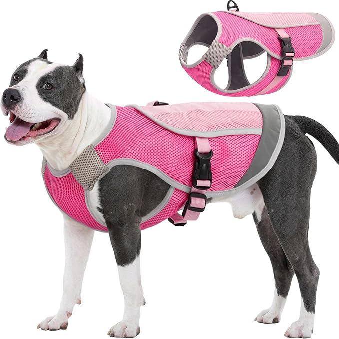 Kuoser Dog Cooling Vest for Dogs, Lightweight Dog Cooling Harness Shirt with Reflective Stripe, Breathable Mesh Cooler Jacket Pet Cool Vest for Small Medium Large Dogs Summer Hot Weather, Pink L
