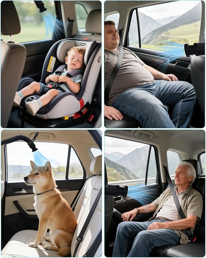 Car AC Vent Extender with Build-in Fan, Extendable Back Seat Air Conditioning, Directs Cool or Warm Air to kids, Elderly & Pets, Portable AC Hose, Universal for Vehicles