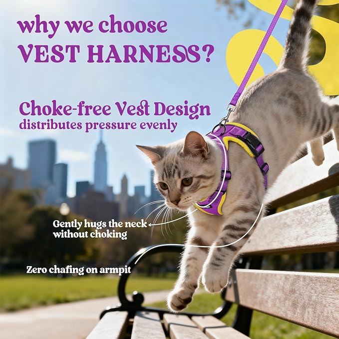 rabbitgoo Cat Harness and Leash Set, Escape Proof Kitten Harness for Safe Outdoor Walks, Soft Breathable Adjustable Vest with Reflective Strips for Kittens and Small Cats, Purple&Yellow, XS