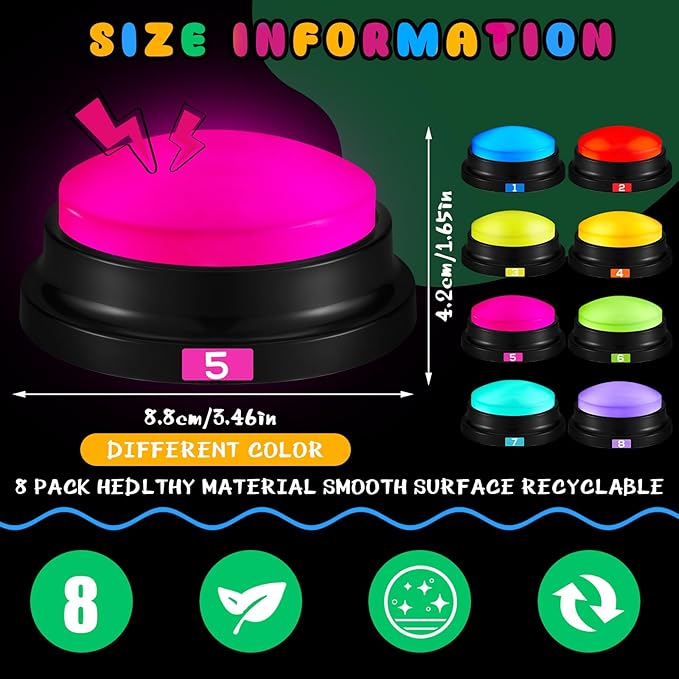 Xuhal 8 Pcs Recording Button Buzzers for Trivia Games with Number Recordable Answer Buzzers for Communication Pet Training Gift for Back to School Team Family Game and Trivia Nights, 8 Colors