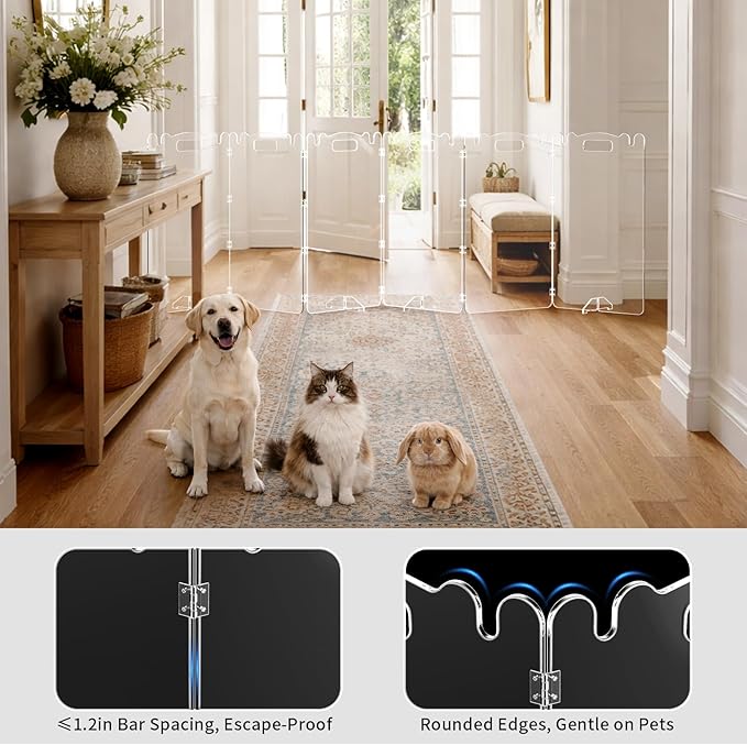 Clear Acrylic Dog Pet Gate - 99% Transparency Gentle Bond Seamlessly with Your Home - 32in Tall Foldable Freestanding No-Drill Tool-Free Assembly - for Small to Large Dogs Cats Indoor Stairs Doorways