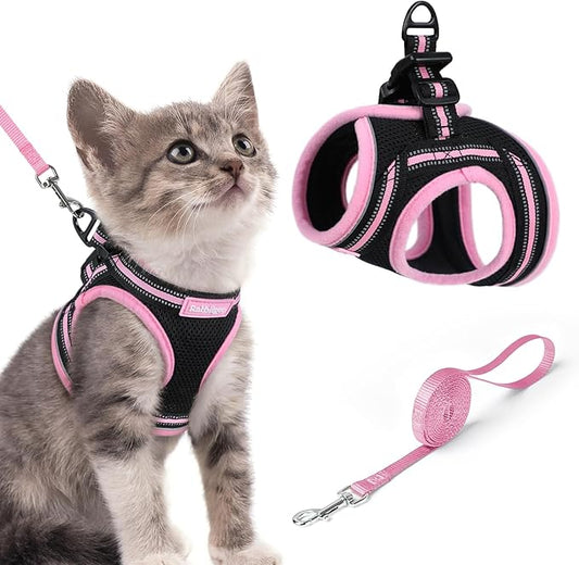 rabbitgoo Cat Harness and Leash, Step-in Escape Proof Kitten Harness Set, Soft Comfortable Cat Vest, Easy to Wear and Adjust, Reflective for Safe Outdoor Walking, Black&Pink, Small